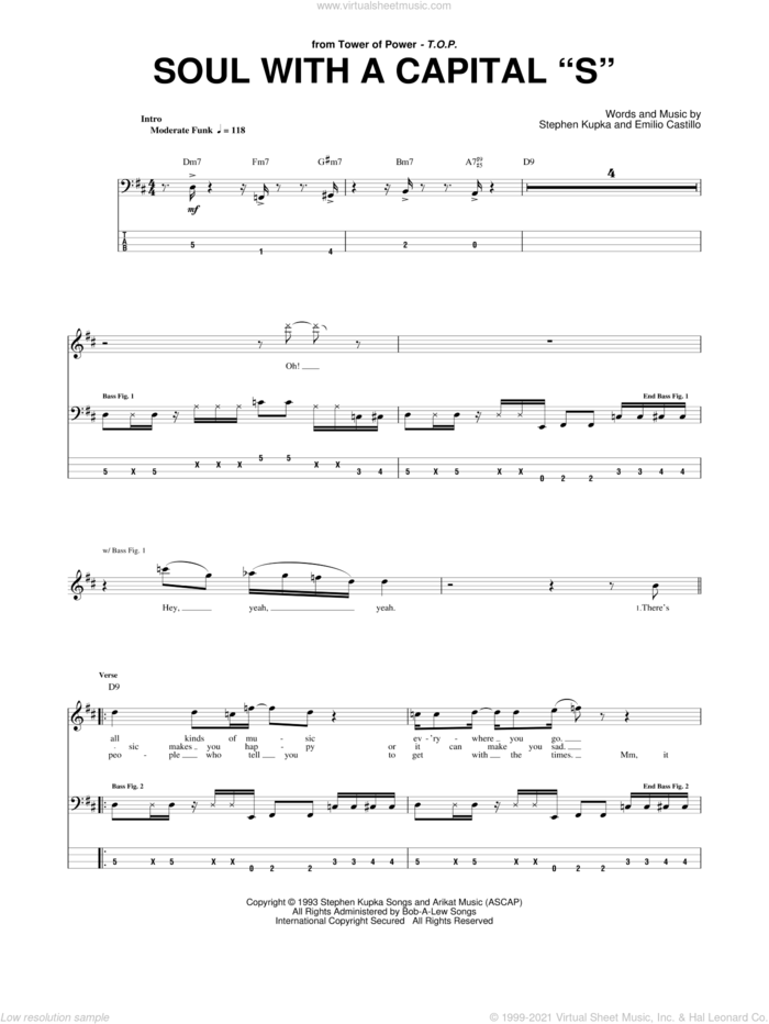 Soul With A Capital 'S' sheet music for bass (tablature) (bass guitar) by Tower Of Power, Emilio Castillo and Stephen Kupka, intermediate skill level