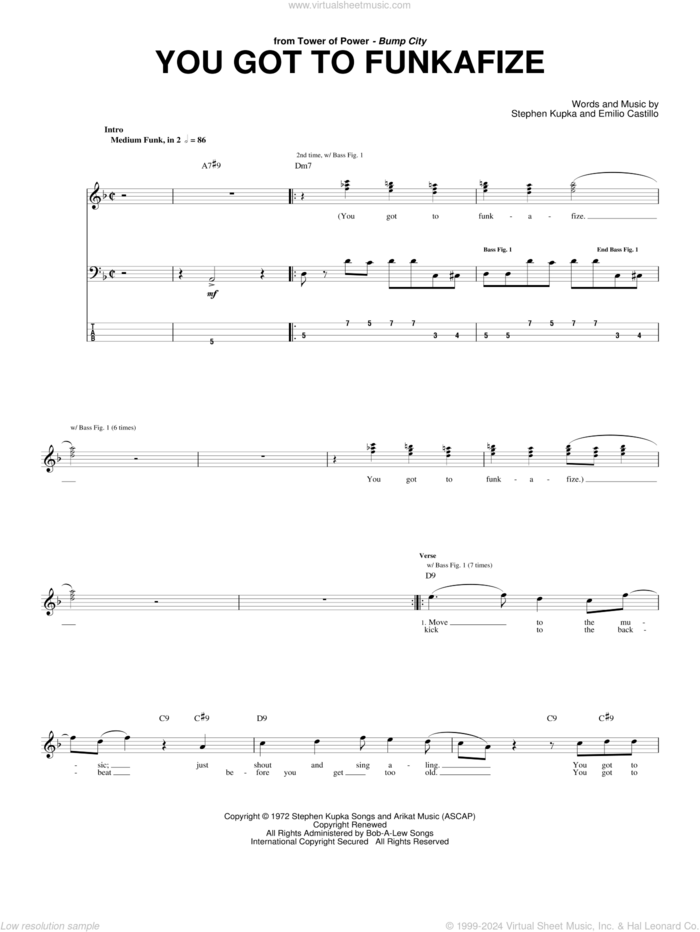 You Got To Funkafize sheet music for bass (tablature) (bass guitar) by Tower Of Power, Emilio Castillo and Stephen Kupka, intermediate skill level