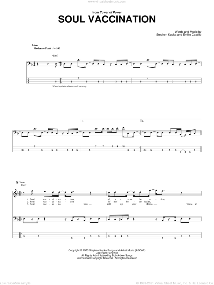 Soul Vaccination sheet music for bass (tablature) (bass guitar) by Tower Of Power, Emilio Castillo and Stephen Kupka, intermediate skill level
