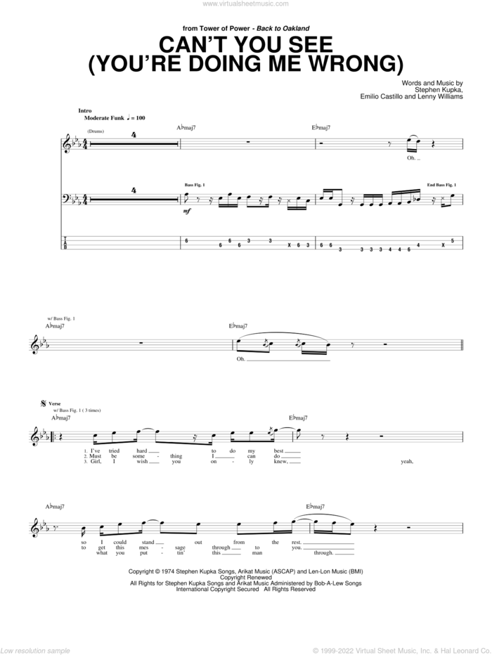Can't You See (You're Doing Me Wrong) sheet music for bass (tablature) (bass guitar) by Tower Of Power, Emilio Castillo, Robbie Williams and Stephen Kupka, intermediate skill level