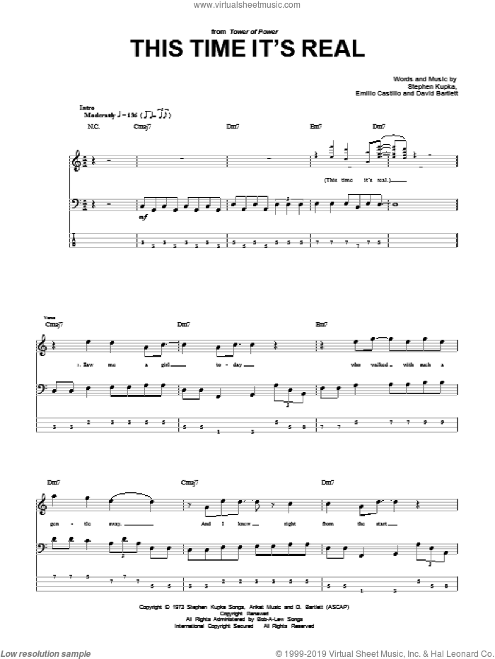 This Time It's Real sheet music for bass (tablature) (bass guitar) by Tower Of Power, David Bartlett, Emilio Castillo and Stephen Kupka, intermediate skill level