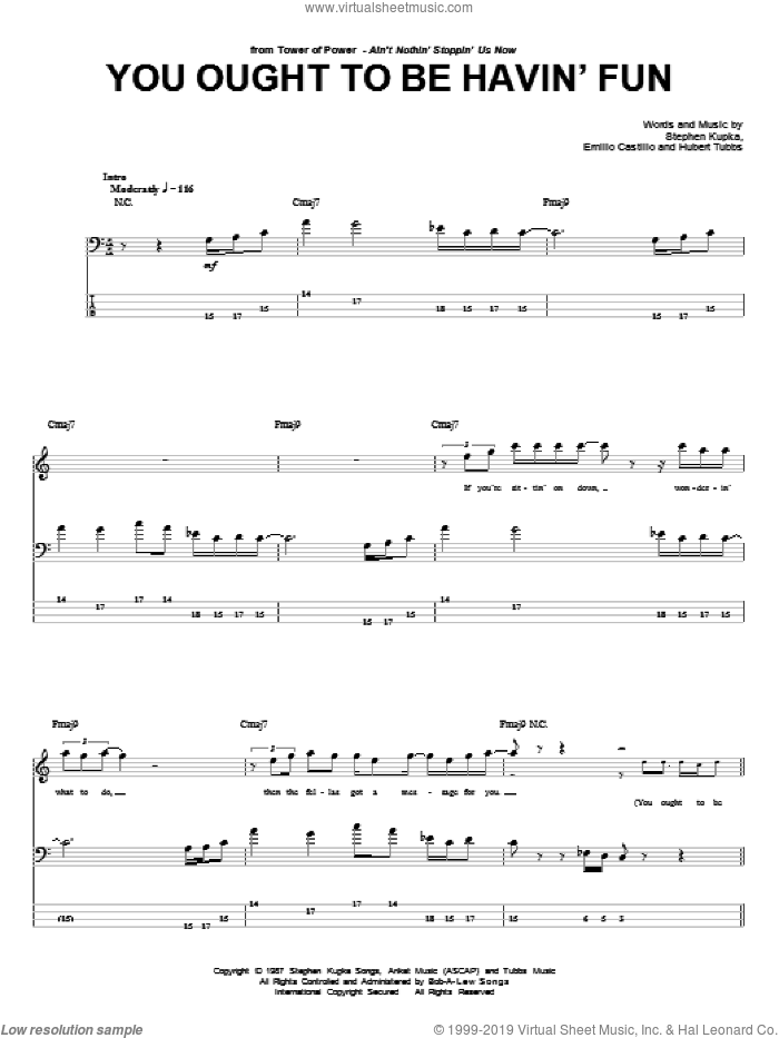 You Ought To Be Havin' Fun sheet music for bass (tablature) (bass guitar) by Tower Of Power, Emilio Castillo, Hubert Tubbs and Stephen Kupka, intermediate skill level