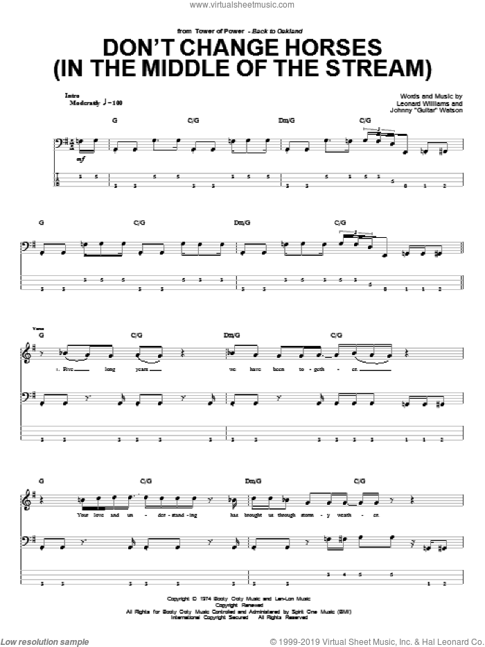 Don't Change Horses (In The Middle Of The Stream) sheet music for bass (tablature) (bass guitar) by Tower Of Power, J. Watson and Larry Williams, intermediate skill level