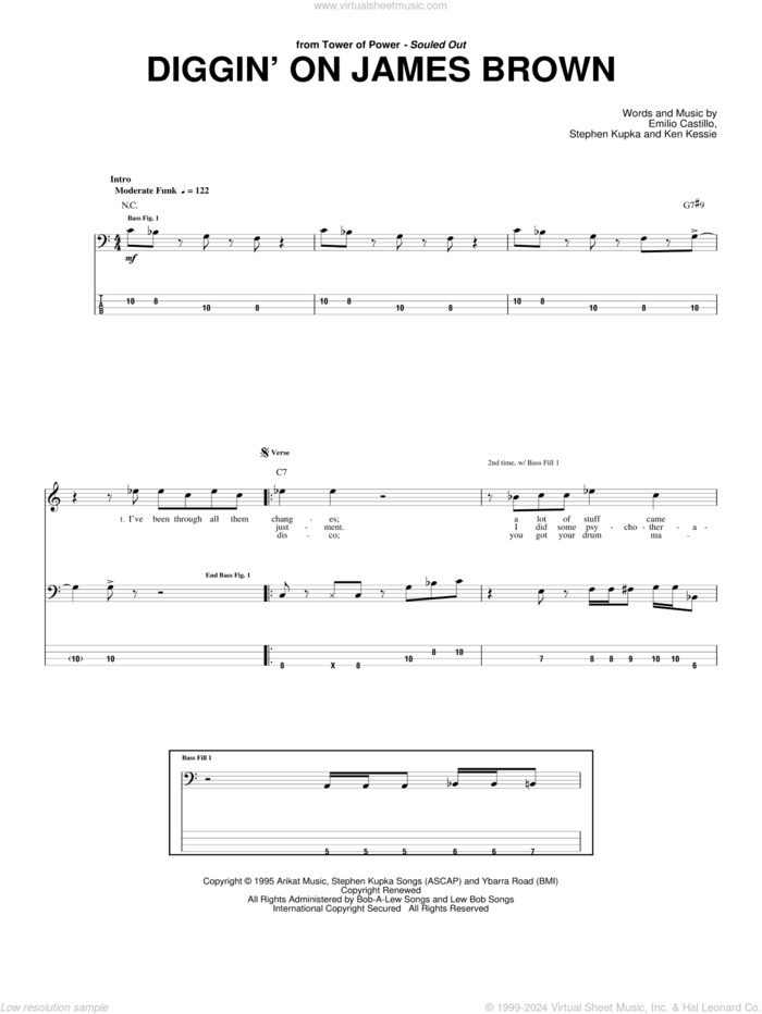 Diggin' On James Brown sheet music for bass (tablature) (bass guitar) by Tower Of Power, Emilio Castillo, Ken Kessie and Stephen Kupka, intermediate skill level