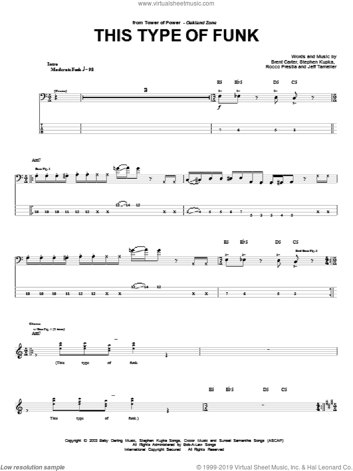 This Type Of Funk sheet music for bass (tablature) (bass guitar) by Tower Of Power, Brent Carter, Jeff Tamelier, Rocco Prestia and Stephen Kupka, intermediate skill level