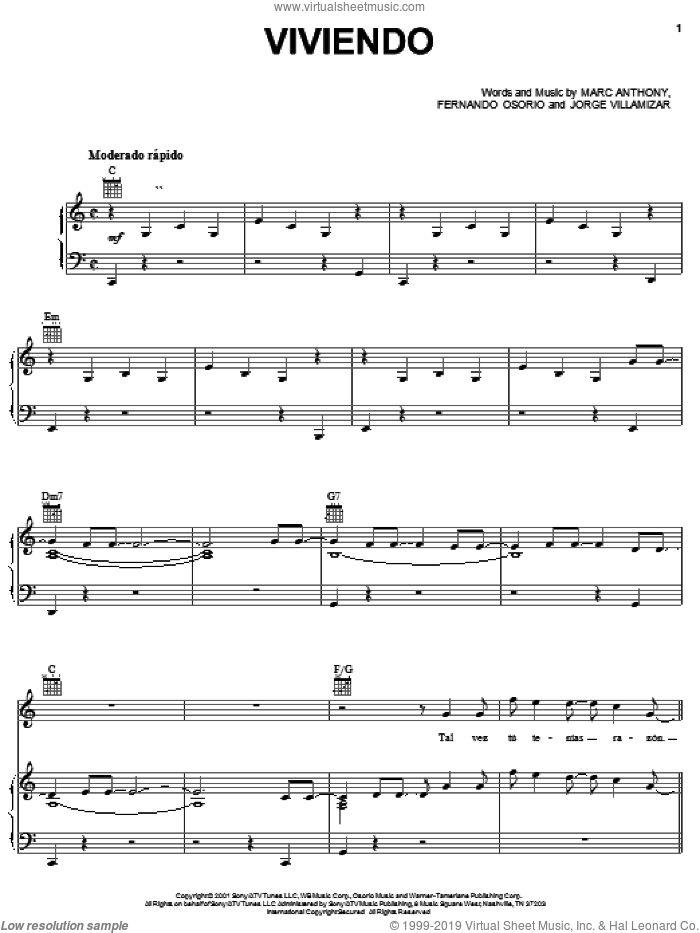Viviendo sheet music for voice, piano or guitar by Marc Anthony, Fernando Osorio and Jorge Villamizar, intermediate skill level