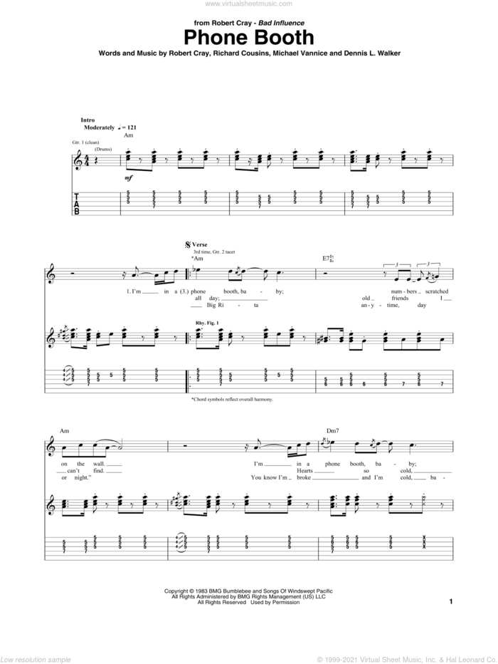 Phone Booth sheet music for guitar (tablature) by Robert Cray, Dennis Walker, Michael Vannice and Richard Cousins, intermediate skill level