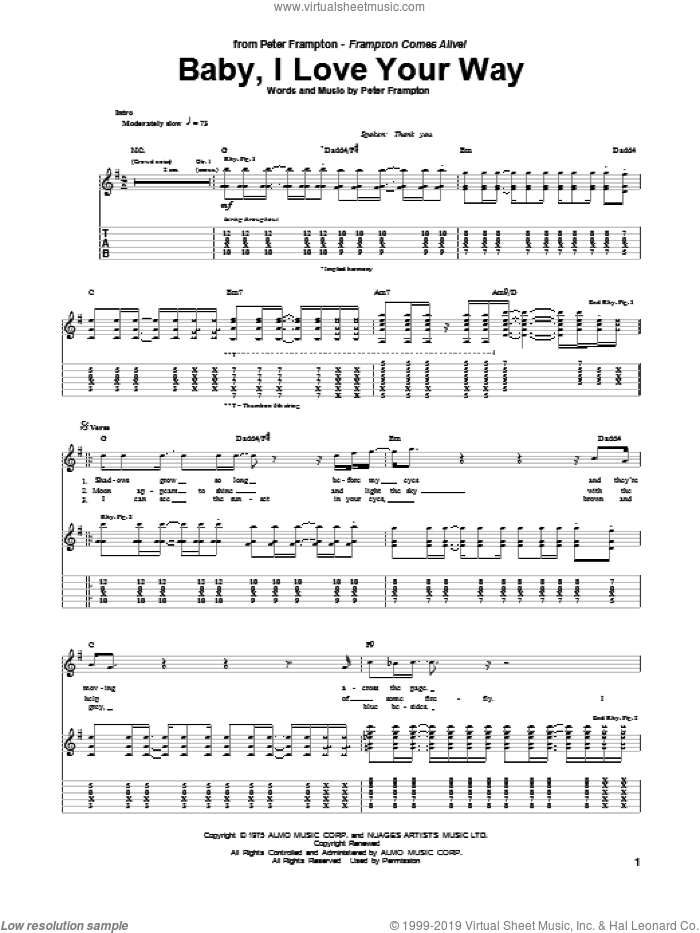 Baby, I Love Your Way sheet music for guitar (tablature) by Peter Frampton, intermediate skill level
