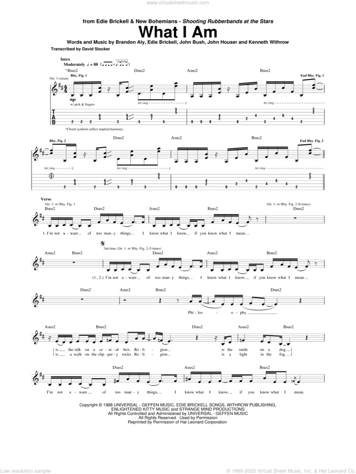 What I Am sheet music for guitar (tablature) by Edie Brickell & New Bohemians, Brandon Aly, Edie Brickell, John Bush, John Houser and Kenneth Withrow, intermediate skill level