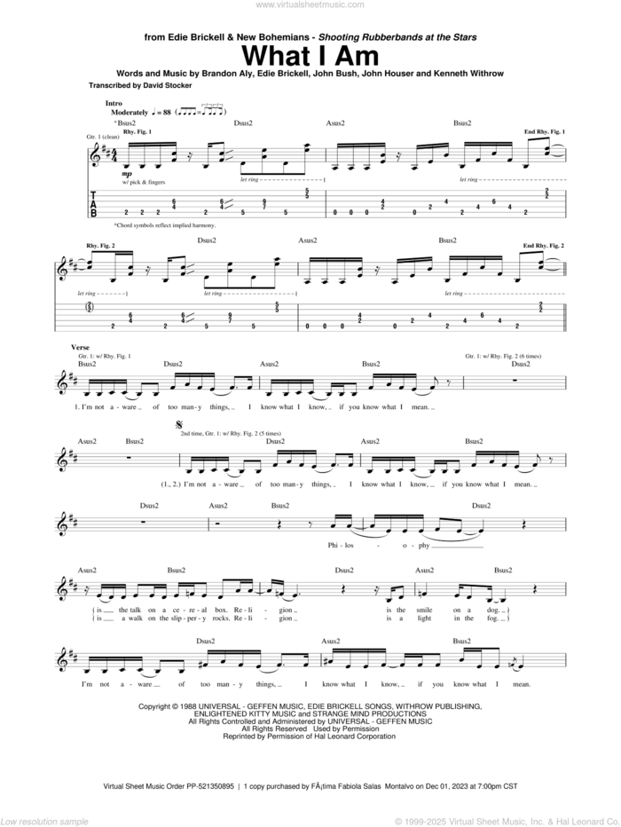 What I Am sheet music for guitar (tablature) by Edie Brickell & New Bohemians, Brandon Aly, Edie Brickell, John Bush, John Houser and Kenneth Withrow, intermediate skill level