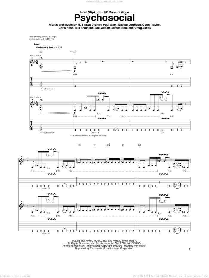 Psychosocial sheet music for guitar (tablature) by Slipknot, Corey Taylor, M. Shawn Crahan, Nathan Jordison and Paul Gray, intermediate skill level