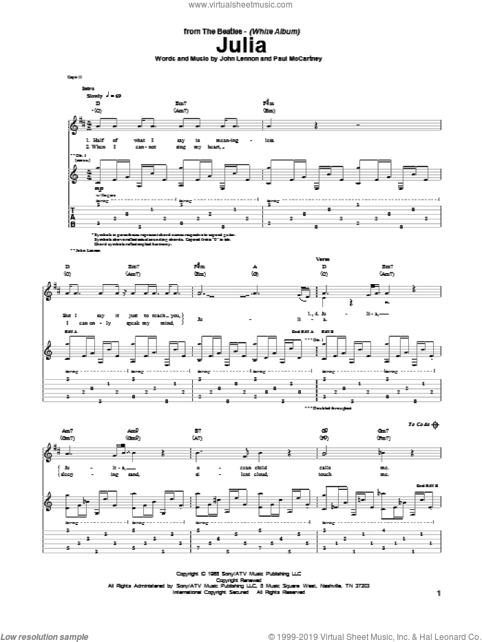 Julia sheet music for guitar (tablature) by The Beatles, John Lennon and Paul McCartney, intermediate skill level