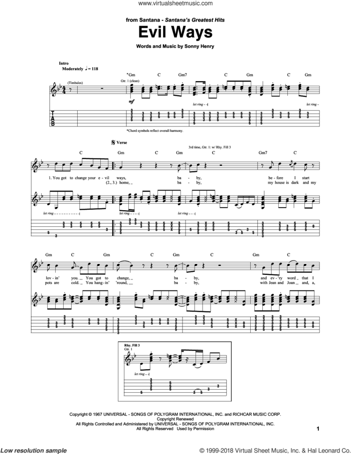 Evil Ways sheet music for guitar (tablature) by Carlos Santana and Sonny Henry, intermediate skill level