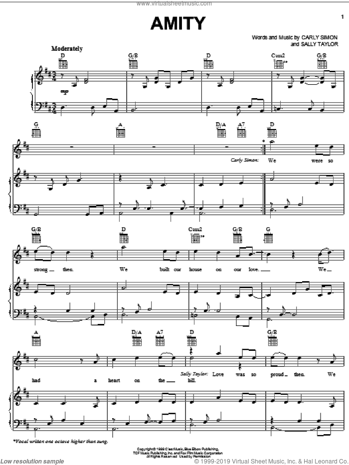 Amity sheet music for voice, piano or guitar by Carly Simon and Sally Taylor, intermediate skill level