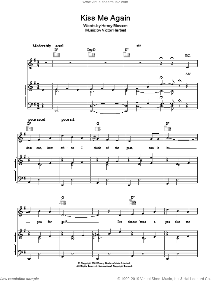 Kiss Me Again sheet music for voice, piano or guitar by Victor Herbert and Henry Blossom, intermediate skill level