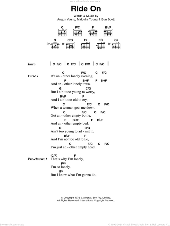 Ride On sheet music for guitar (chords) by AC/DC, Angus Young, Bon Scott and Malcolm Young, intermediate skill level