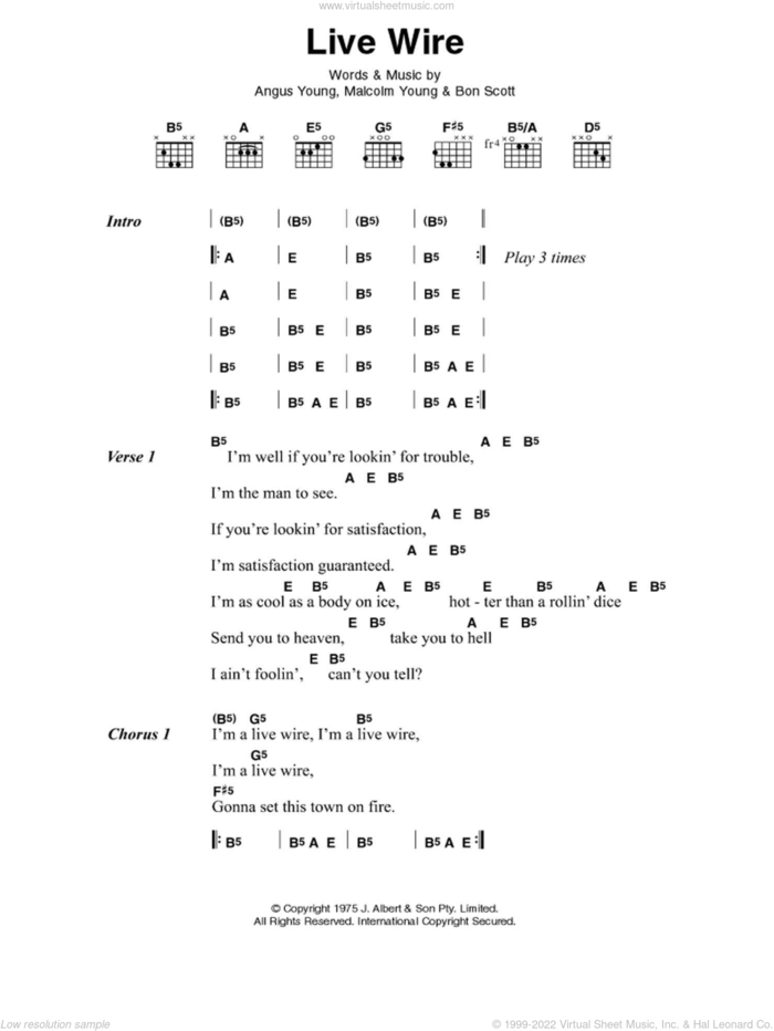 Live Wire sheet music for guitar (chords) by AC/DC, Angus Young, Bon Scott and Malcolm Young, intermediate skill level