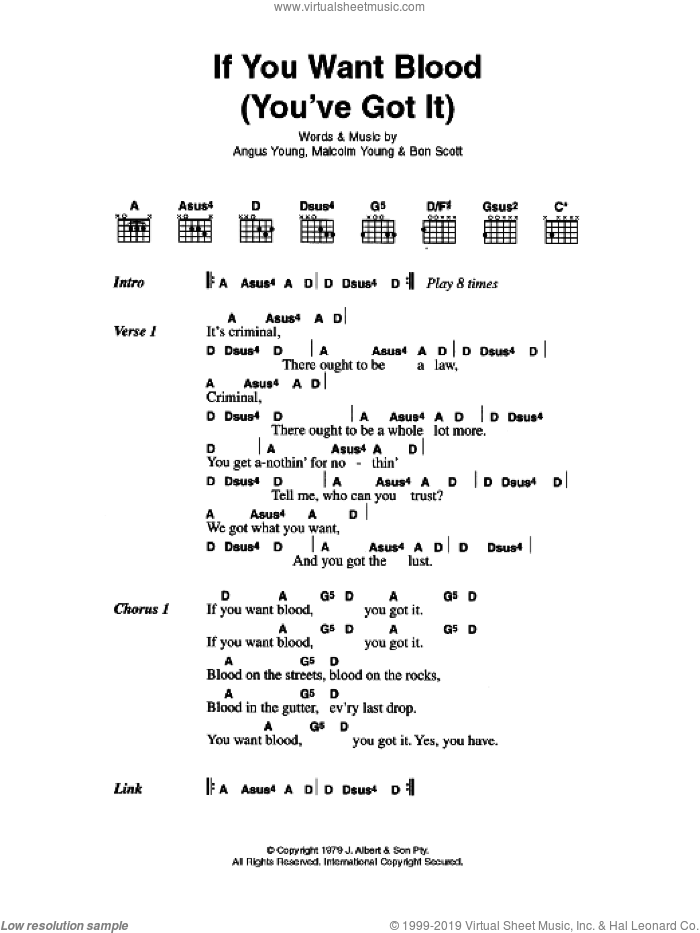If You Want Blood (You've Got It) sheet music for guitar (chords) by AC/DC, Angus Young, Bon Scott and Malcolm Young, intermediate skill level