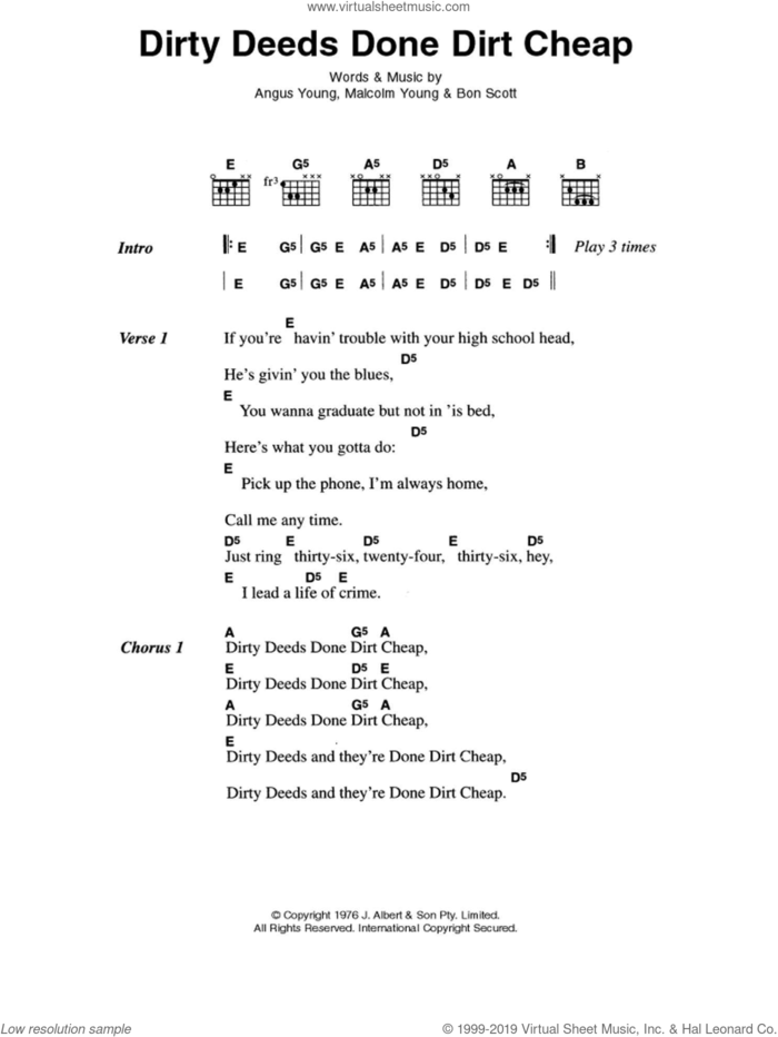 Dirty Deeds Done Dirt Cheap sheet music for guitar (chords) by AC/DC, Angus Young, Bon Scott and Malcolm Young, intermediate skill level