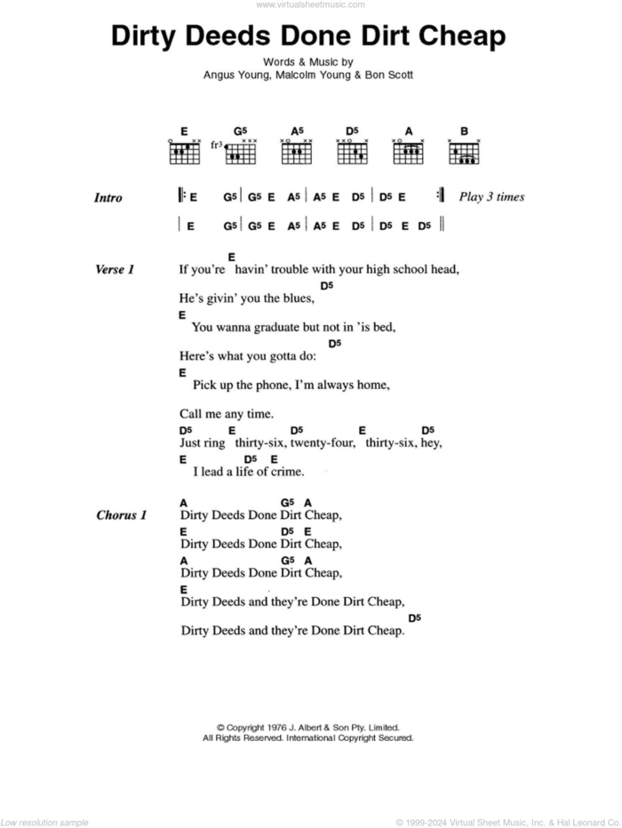 Dirty Deeds Done Dirt Cheap sheet music for guitar (chords) by AC/DC, Angus Young, Bon Scott and Malcolm Young, intermediate skill level