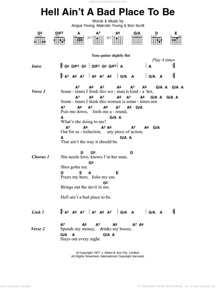 Hell Ain't A Bad Place To Be sheet music for guitar (chords) by AC/DC, Angus Young, Bon Scott and Malcolm Young, intermediate skill level