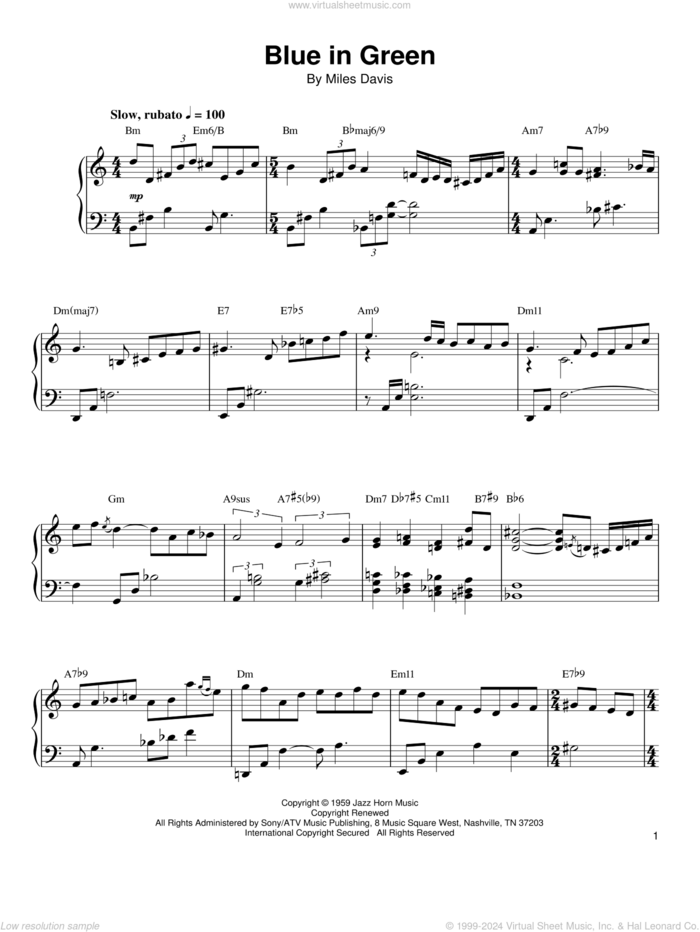 Blue In Green sheet music for piano solo (transcription) by Kenny Werner and Miles Davis, intermediate piano (transcription)