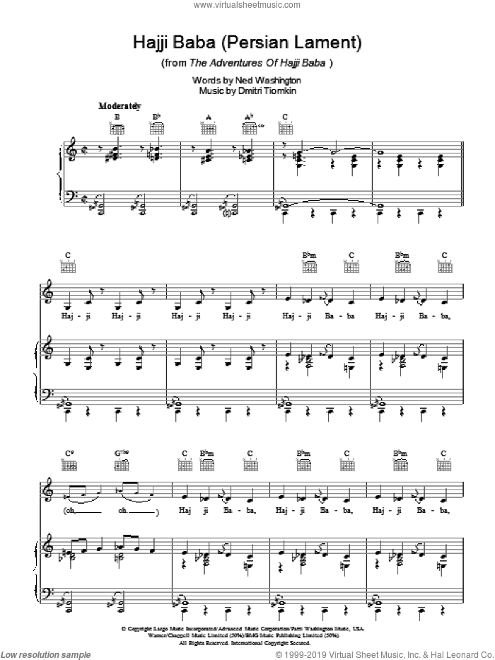 Hajji Baba (Persian Lament) sheet music for voice, piano or guitar by Nat King Cole, Dimitri Tiomkin and Ned Washington, intermediate skill level