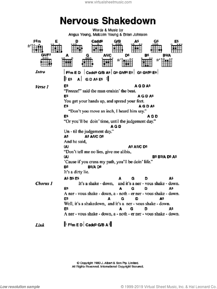 Nervous Shakedown sheet music for guitar (chords) by AC/DC, Angus Young, Brian Johnson and Malcolm Young, intermediate skill level