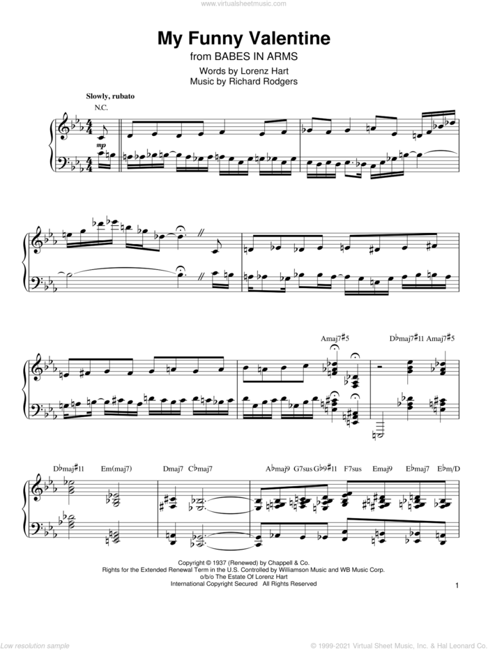My Funny Valentine sheet music for piano solo (transcription) by Kenny Werner, Babes In Arms (Musical), Rodgers & Hart, Lorenz Hart and Richard Rodgers, intermediate piano (transcription)