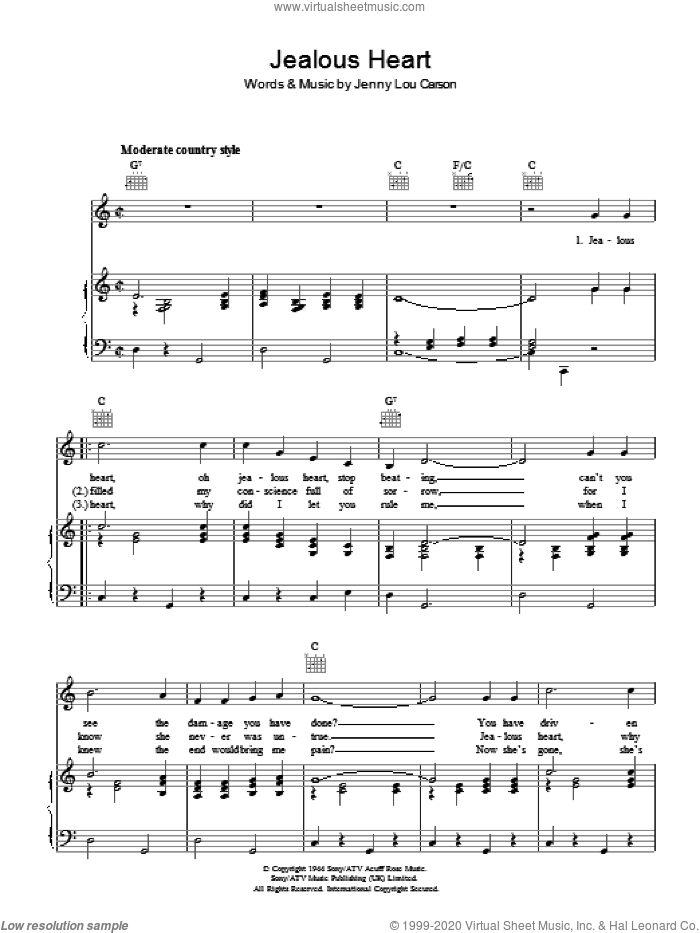 Jealous Heart sheet music for voice, piano or guitar by Tex Ritter and Jenny Lou Carson, intermediate skill level