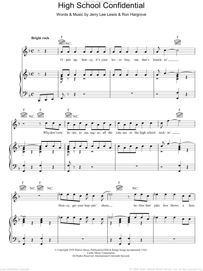 High School Confidential sheet music for voice, piano or guitar by Jerry Lee Lewis and Ron Hargrave, intermediate skill level
