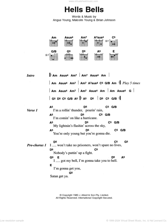 Hells Bells sheet music for guitar (chords) by AC/DC, Angus Young, Brian Johnson and Malcolm Young, intermediate skill level