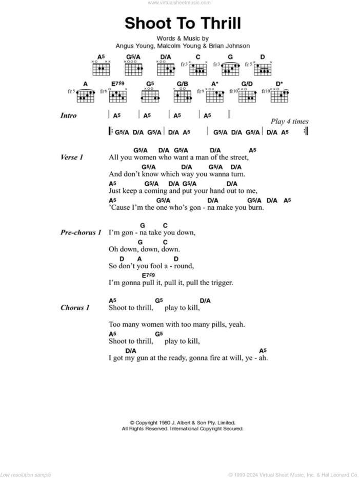 Shoot To Thrill sheet music for guitar (chords) by AC/DC, Angus Young, Brian Johnson and Malcolm Young, intermediate skill level