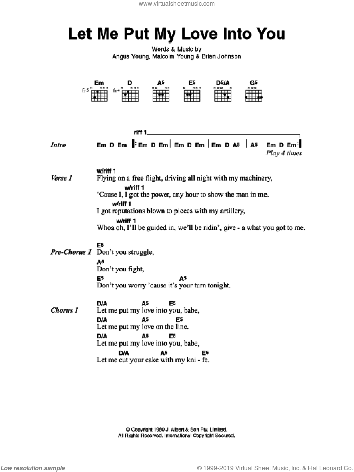 Let Me Put My Love Into You sheet music for guitar (chords) by AC/DC, Angus Young, Brian Johnson and Malcolm Young, intermediate skill level