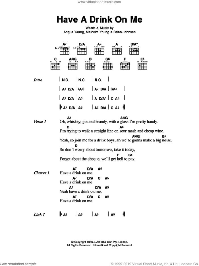 Have A Drink On Me sheet music for guitar (chords) by AC/DC, Angus Young, Brian Johnson and Malcolm Young, intermediate skill level