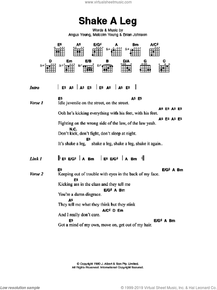 Shake A Leg sheet music for guitar (chords) by AC/DC, Angus Young, Brian Johnson and Malcolm Young, intermediate skill level