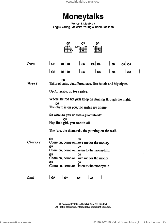 Moneytalks sheet music for guitar (chords) by AC/DC, Angus Young and Malcolm Young, intermediate skill level