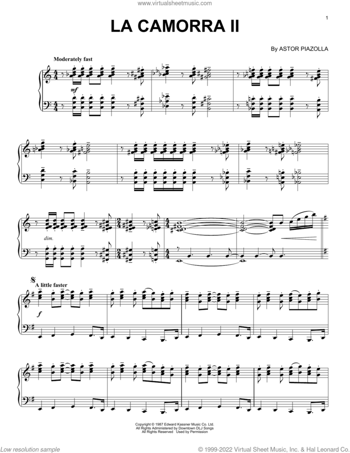 La Camorra II sheet music for piano solo by Astor Piazzolla, intermediate skill level