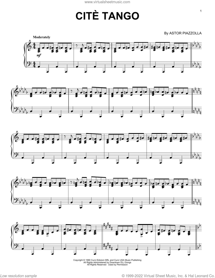 Cite Tango sheet music for piano solo by Astor Piazzolla, intermediate skill level