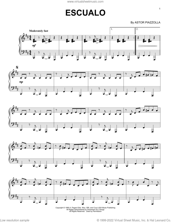 Escualo sheet music for piano solo by Astor Piazzolla, intermediate skill level