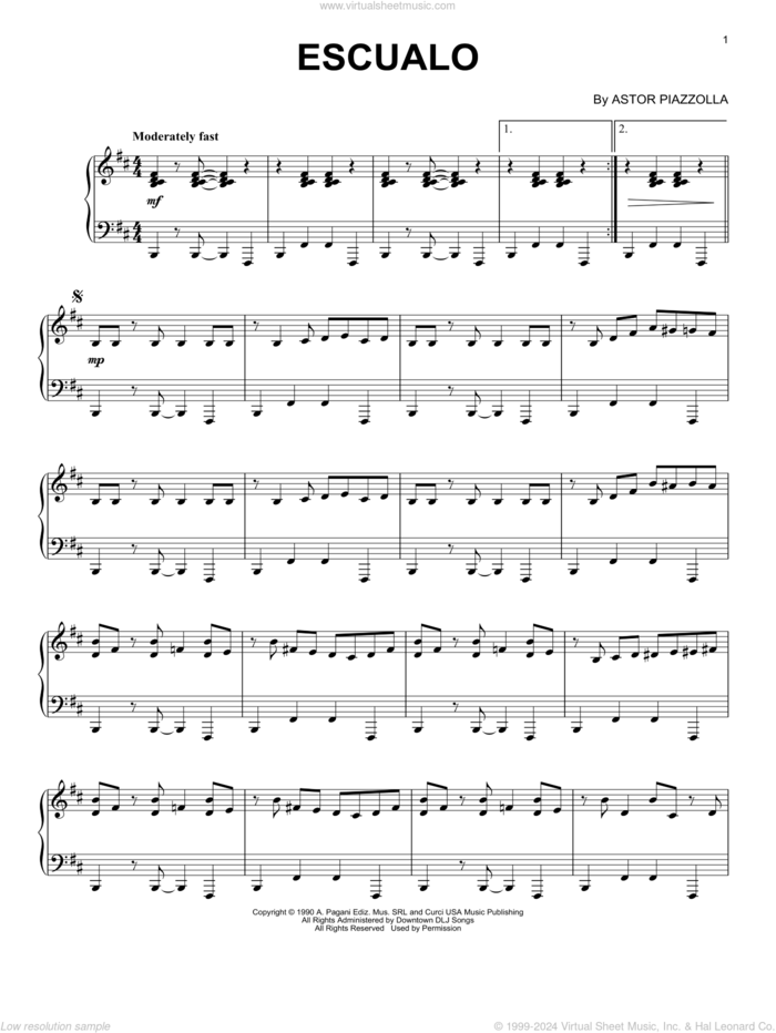 Escualo sheet music for piano solo by Astor Piazzolla, intermediate skill level