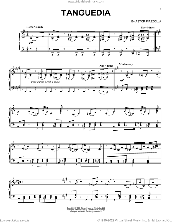 Tanguedia sheet music for piano solo by Astor Piazzolla, intermediate skill level
