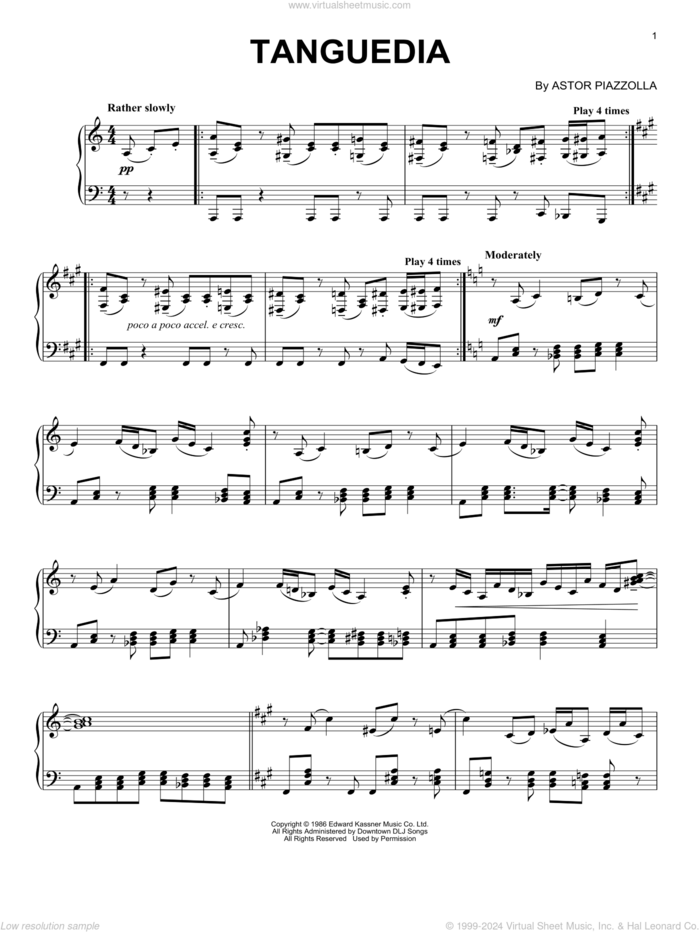 Tanguedia sheet music for piano solo by Astor Piazzolla, intermediate skill level