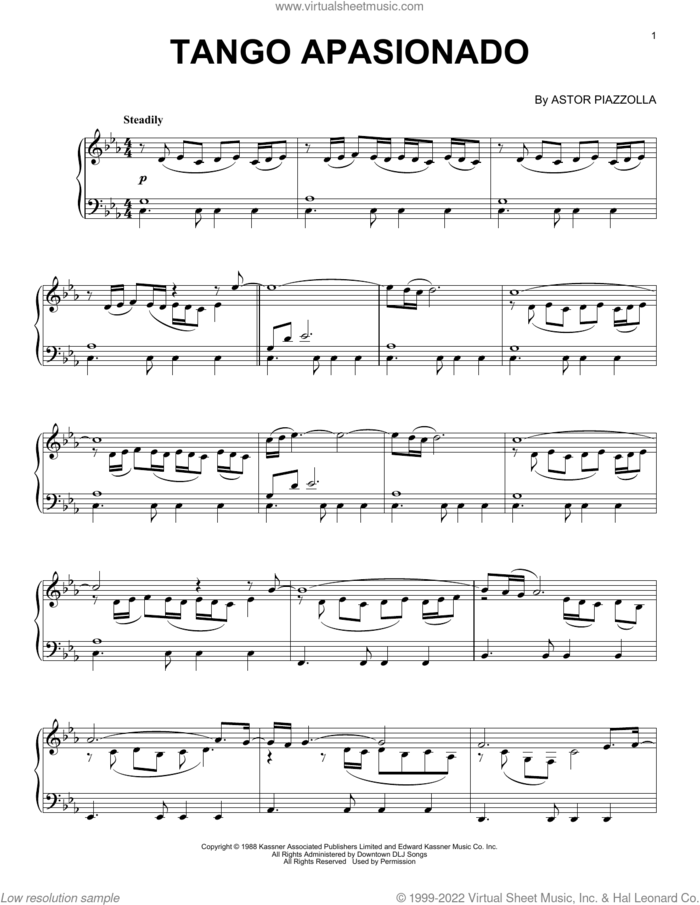 Tango Apasionado sheet music for piano solo by Astor Piazzolla, intermediate skill level