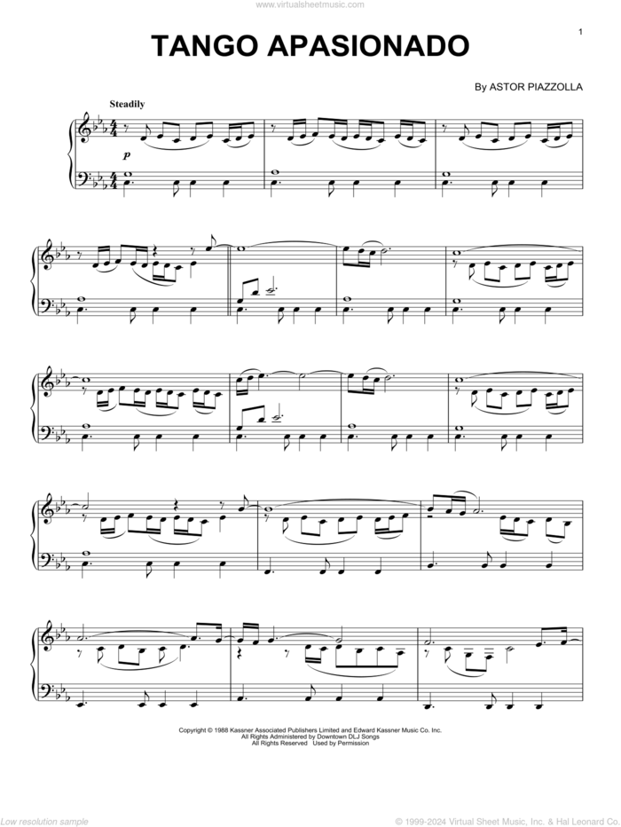 Tango Apasionado sheet music for piano solo by Astor Piazzolla, intermediate skill level