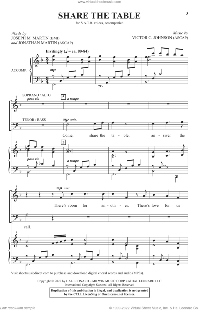 Share The Table sheet music for choir (SATB: soprano, alto, tenor, bass) by Victor Johnson and Joseph M. Martin, Jonathan Martin and Victor C. Johnson, Jonathan Martin and Joseph M. Martin, intermediate skill level