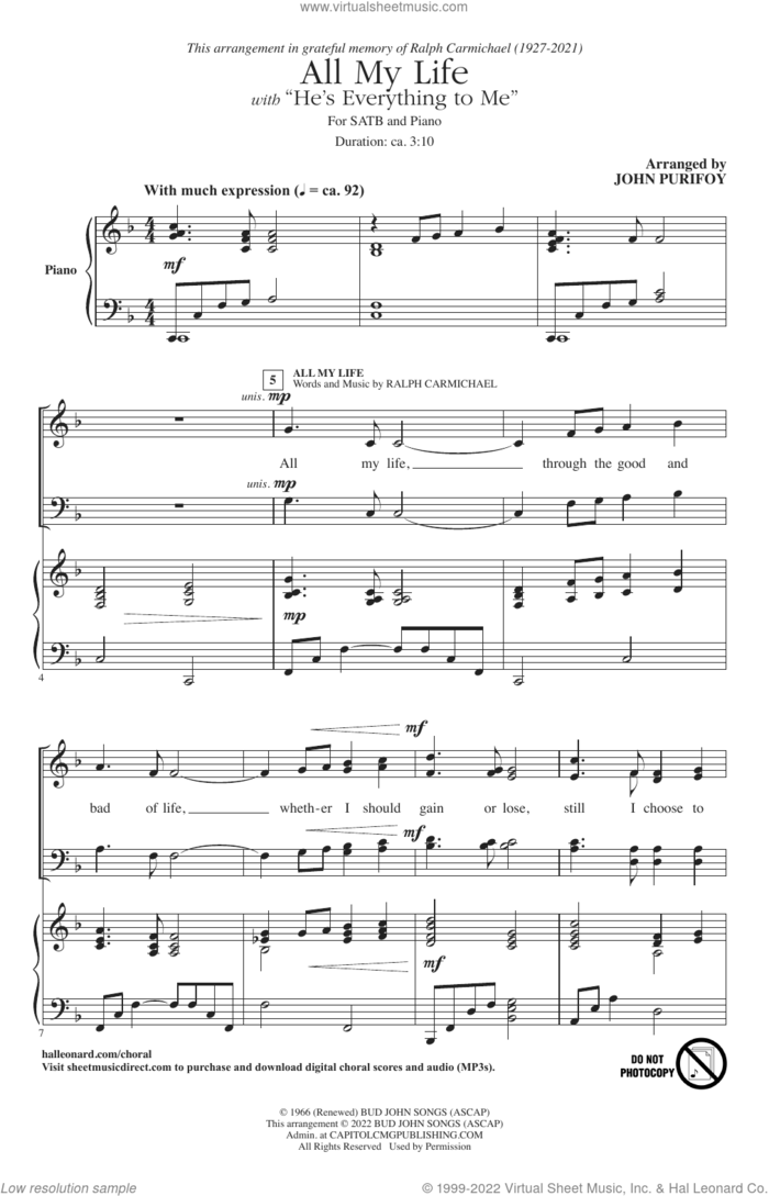 All My Life (with 'He's Everything To Me') (arr. John Purifoy) sheet music for choir (SATB: soprano, alto, tenor, bass) by Ralph Carmichael and John Purifoy, intermediate skill level
