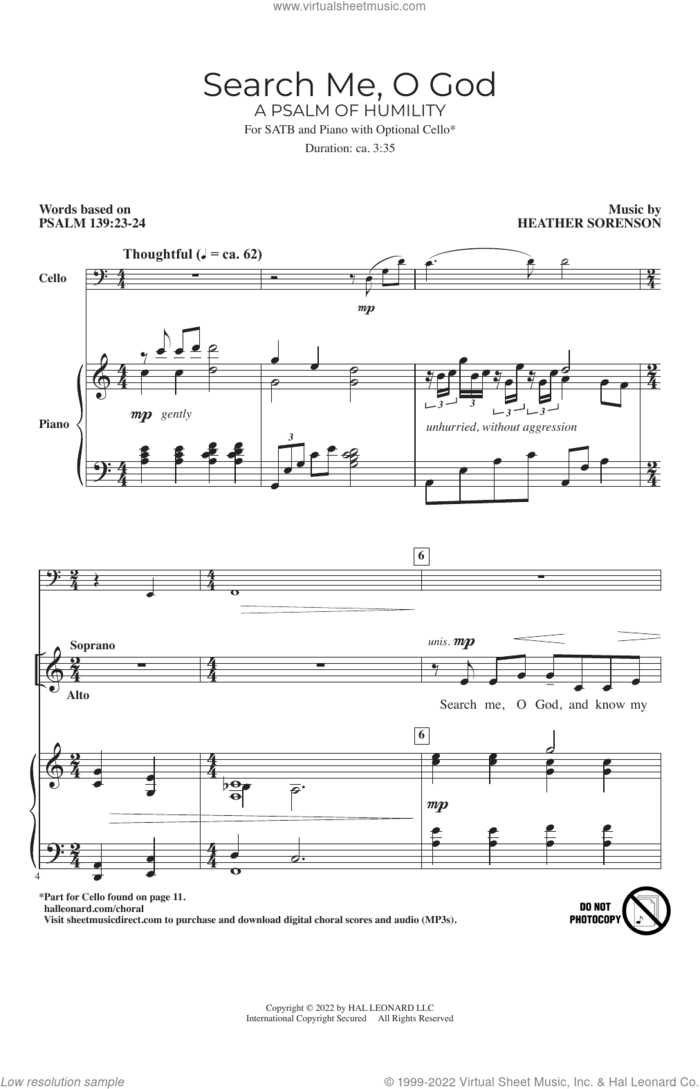Search Me, O God (A Psalm Of Humility) sheet music for choir (SATB: soprano, alto, tenor, bass) by Heather Sorenson and Psalm 139, intermediate skill level