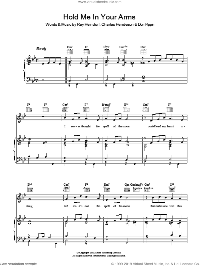 Hold Me In Your Arms sheet music for voice, piano or guitar by Doris Day, Charles Henderson, Don Pippin and Ray Heindorf, intermediate skill level