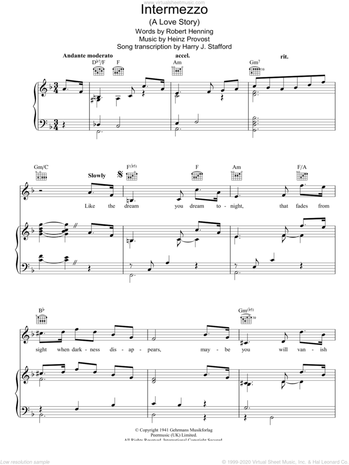 Intermezzo - A Love Story sheet music for voice, piano or guitar by Guy Lombardo, Heinz Provost and Robert Henning, intermediate skill level